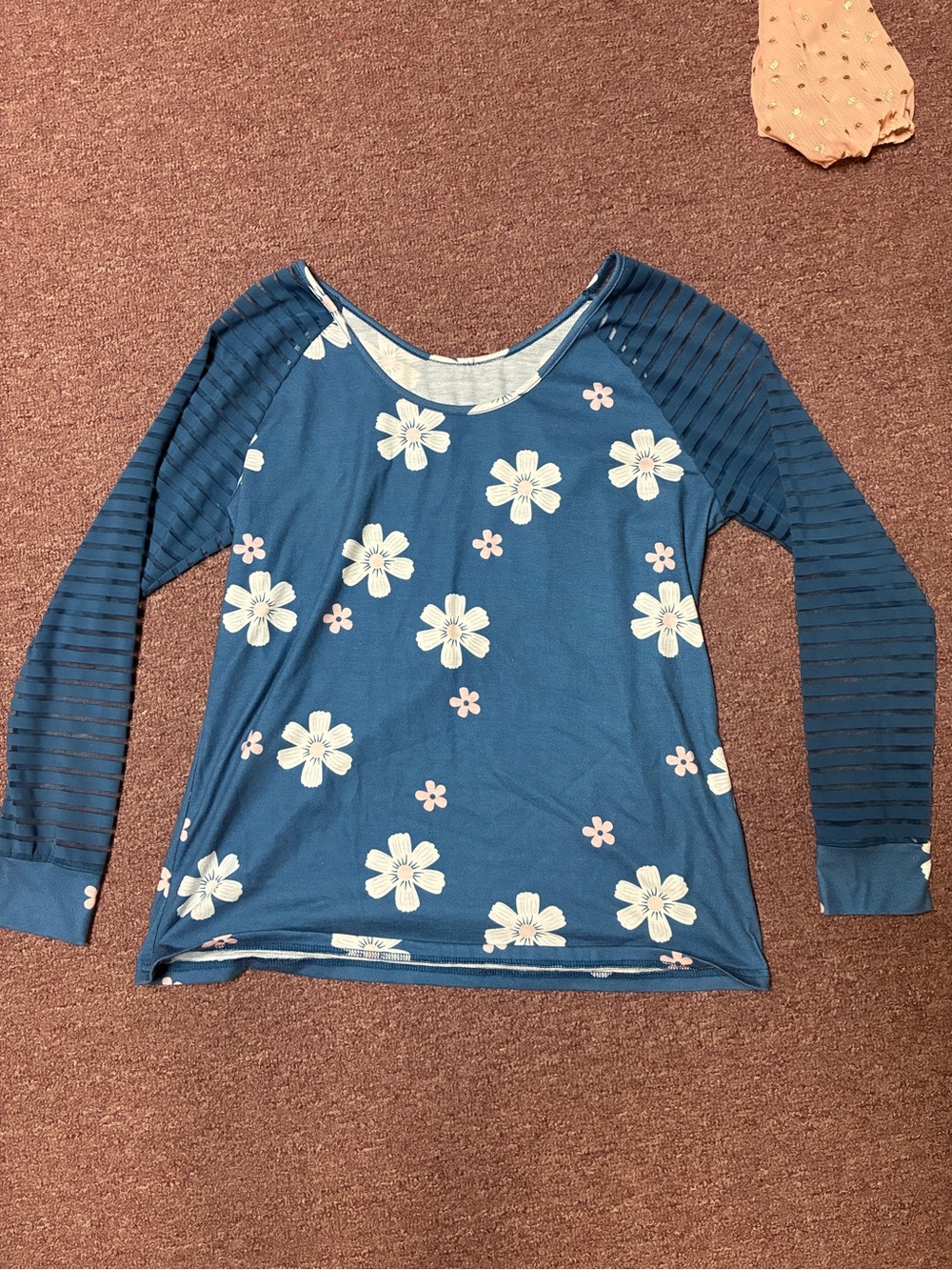 Blue Floral Long-Sleeve Raglan Tee with Sheer Stripe Sleeves